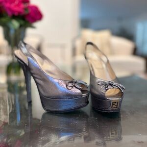 Fendi Women's Silver Platform Slingback Heels